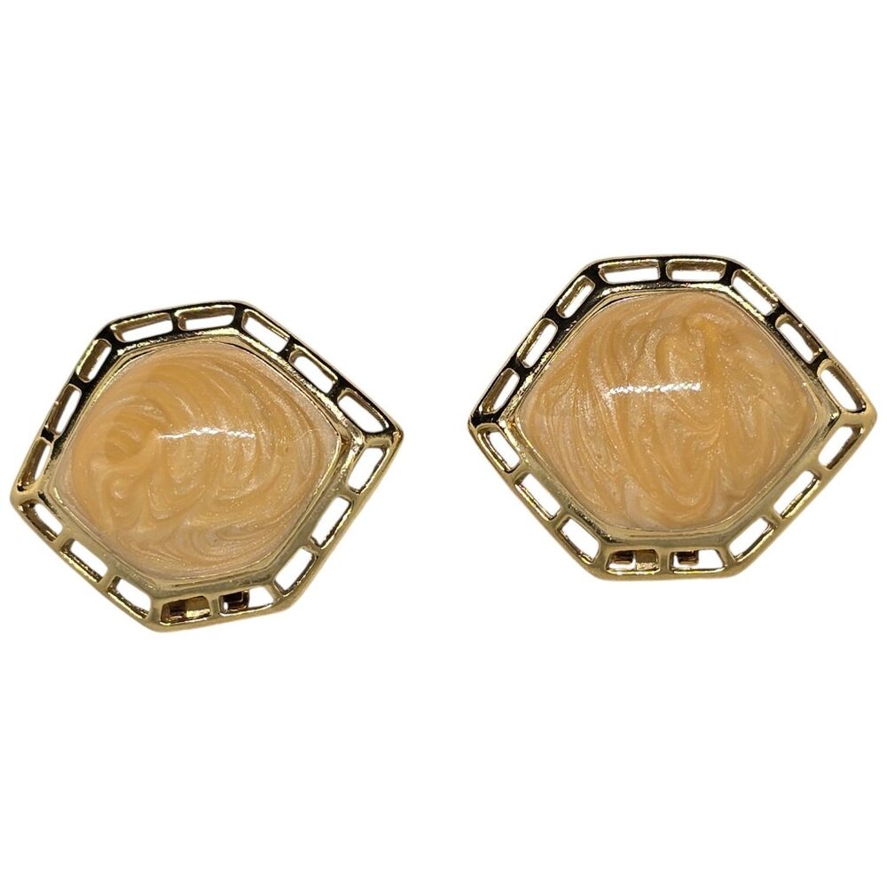 Vintage Gold Tone Clip-On Earrings with Swirl Cream Cabochon & Openwork Frame